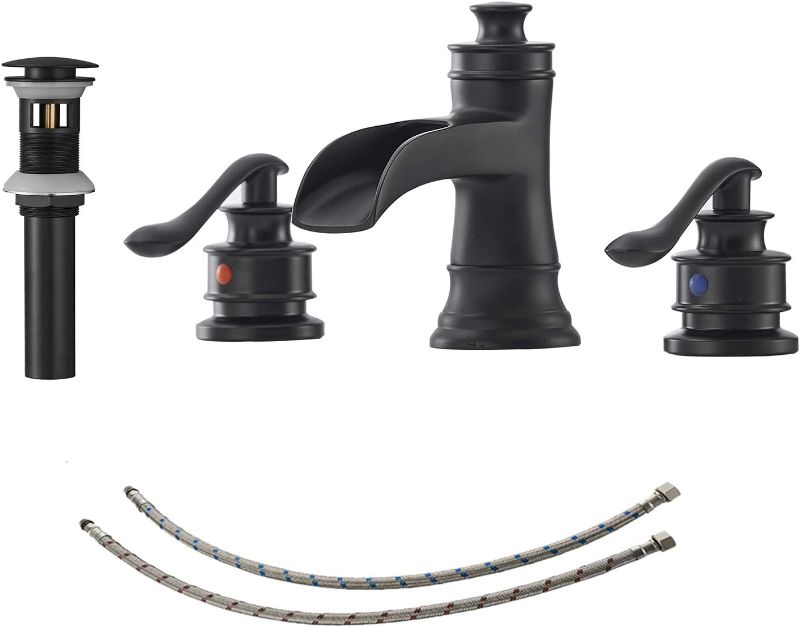 Photo 1 of 2 SETS- Black Bathroom Faucet Widespread Bathroom Faucets for Sink 3 Hole Matte Black 8 Inch Two Handle Matching Pop Up Drain Stopper Waterfall Farmhouse Lavatory Water Supply Line by Bathfinesse
