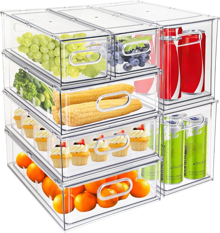 Photo 1 of MineSign 7 pack Stackable Refrigerator Organizer Bins Pull-Out Drawers for Fruit and Veggies Storage Organizer for Fridge Clear Drawer Containers with Handle Divided Organization for Produce Saver
