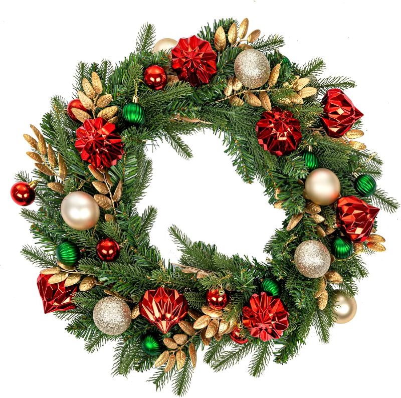 Photo 1 of Christmas Lighted Wreath for Front Door, 28 Inches Pre-Lit 35 LED Lights, Red and Green Classic Artificial Holiday Wreath for Indoor Outdoor Home Decorations