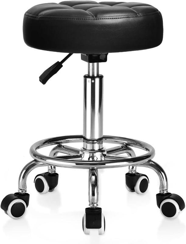 Photo 1 of Rolling Stool PU Leather Round - Ultra Soft Padded Seat Cushion Stool with Wheels with Footrest, Weight Capacity 300lb,Adjustable Height Stool for Tattoo Massage Salon Medical Spa Center (Black1)
