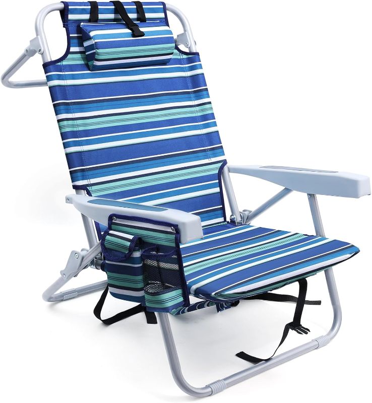 Photo 1 of Beach Chairs for Adults Heavy Duty, Compact Portable Lay Flat Folding Chair with Backpack Straps and Large Cooler Pouch, Support to 350LBS (Stripes_Blue&Cyan)

