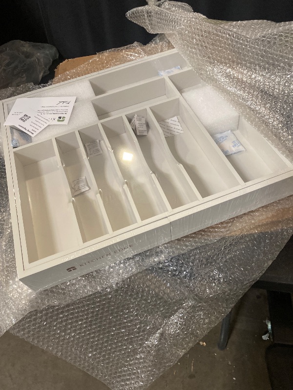 Photo 1 of Bamboo Drawer Organizer for Silverware & Utensils - White Finish (Expands 18.5-33in)
