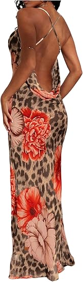 Photo 1 of (L) GORGLITTER Women's Floral Leopard Cheetah Bodycon Maxi Dress Backless Draped Criss Cross Cami Dresses