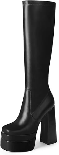 Photo 1 of SIZE 10- wetkiss Platform Knee High Boots Women Chunky High Heel Black Boots for Women Gogo Boot with Side Zipper Stretchy Boot Not for Bigger Wide Calf
