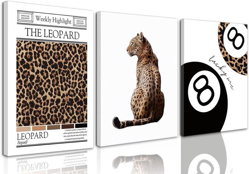 Photo 1 of Black And White Framed Wall Art Set of 3-Trendy Leopard Canvas Art Prints Funky Lucky 8 Ball Posters Prints Preppy Room Aesthetic Cheetah Wall Decor Pictures For Bedroom Bathroom Living Room 16×24in
