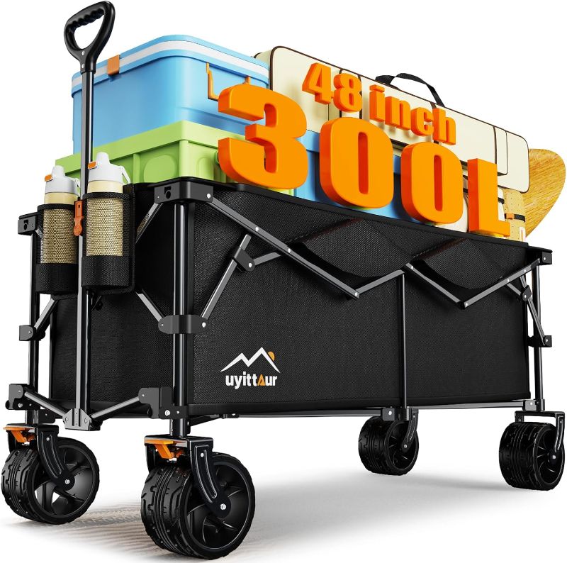 Photo 1 of 300L Extra Large Collapsible Foldable Wagon, 440lbs Load Capacity 48''L Extended Heavy Duty Folding Beach Wagon with Big All-Terrain Wheels, Utility Garden Cart for Outdoor Activities, Black
