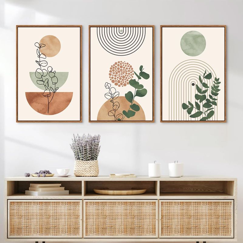 Photo 1 of Ausril Boho Terracotta Green Framed Canvas Wall Art Set, Abstract Plant Wall Decor, Mid Century Modern Geometric Wall Painting, Neutral Abstract Art Print to Living Room, Bedroom, Office 36"x24"x3
