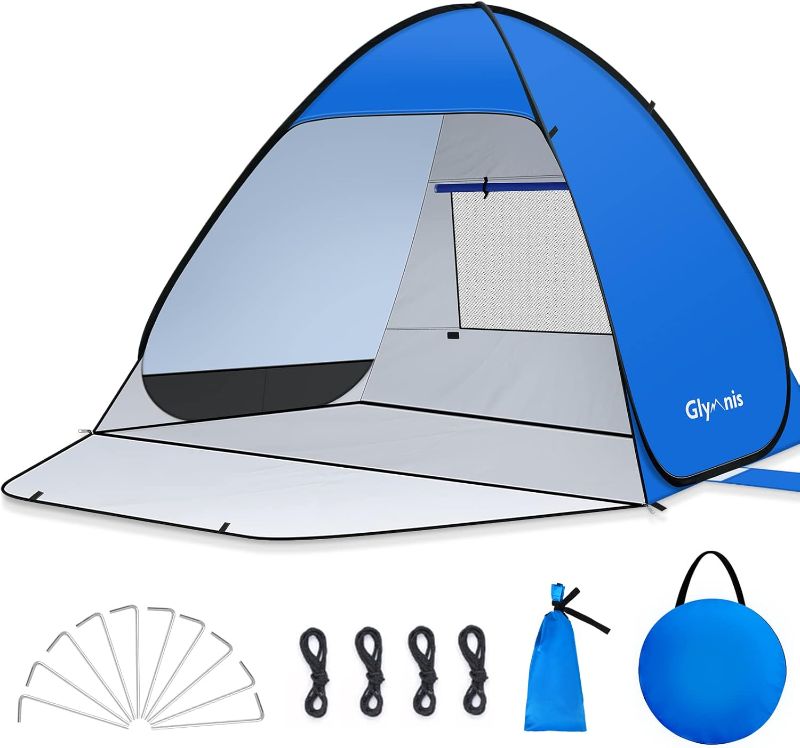 Photo 1 of Pop Up Beach Tent Beach Shade Tent for 1-4 Persons Sun Shelter UPF 50+ Enclose Zipper Door Portable Easy Up Beach Tent