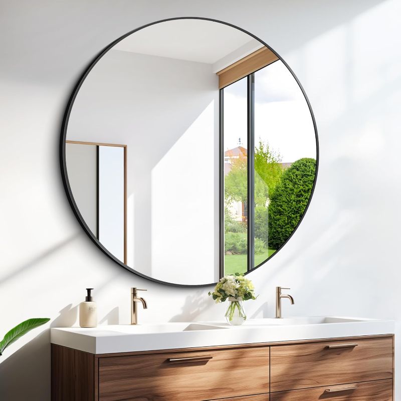 Photo 1 of 39" Large Black Metal Framed Wall Mirror. Perfect for Bathroom, Living Room. Circular Shape
