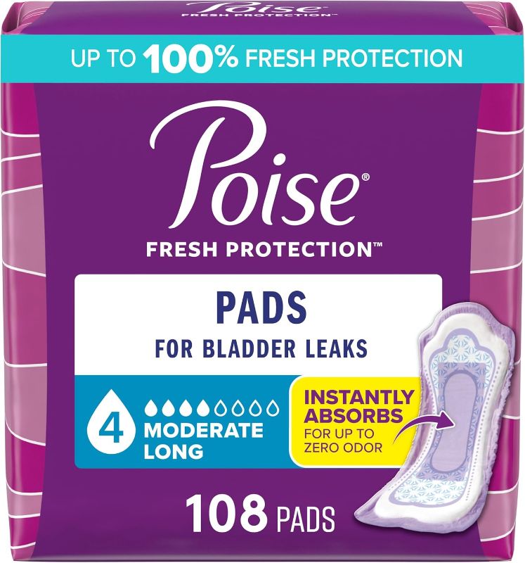 Photo 1 of Poise Incontinence & Postpartum Pads for Bladder Leaks, 4 Drop Moderate Absorbency, Long Length, 108 Count, Packaging May Vary
