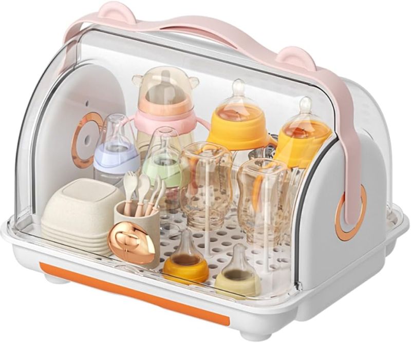 Photo 1 of Baby Bottle Drying Rack Storage, Nursing Bottle Storage Box Organizer with Cover, Portable Kitchen Cabinet Organizer, Durable countertop Dryer (Orange)
