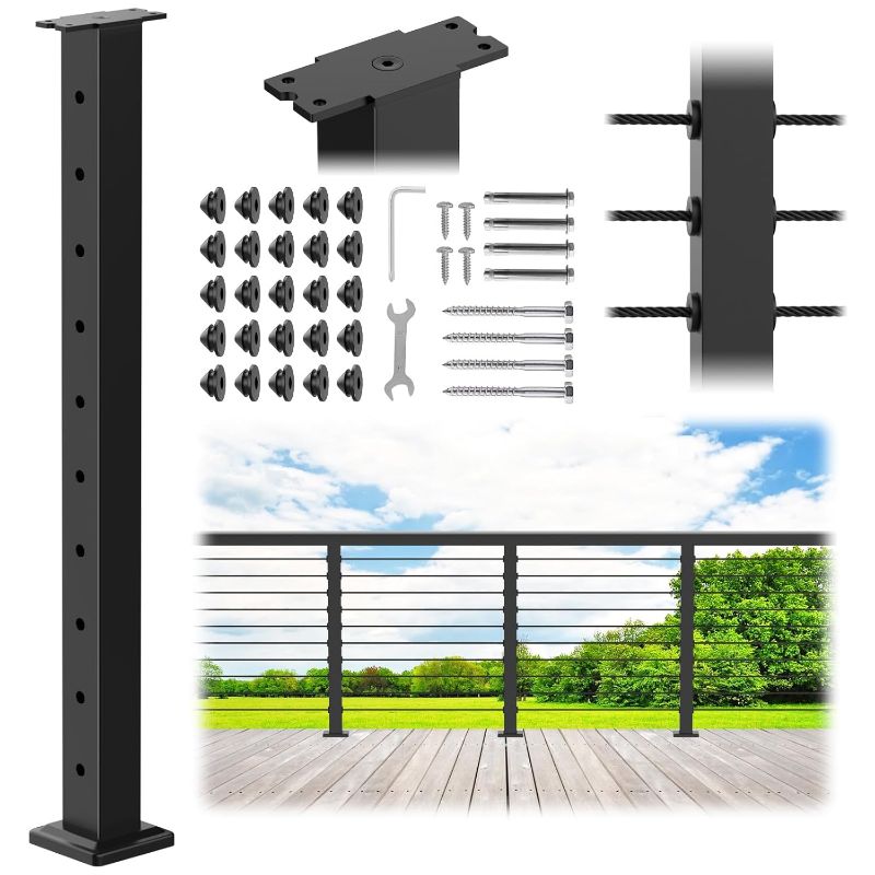Photo 1 of 35"x2"x2" Stainless Steel Cable Railing Post, Black Top Mount Level Line Post with Grommets for Deck Railing Systems, Indoor & Outdoor Use, MY08-L
