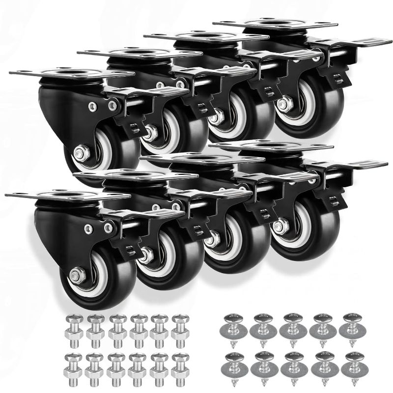 Photo 1 of Casters Set of 8 Heavy-Duty Industrial Caster Wheels with Brake PU No Noise Wheels with Double Locking and Double Ball Bearing Swivel Locking Casters for Workbench, Furniture, Plate Castors Black