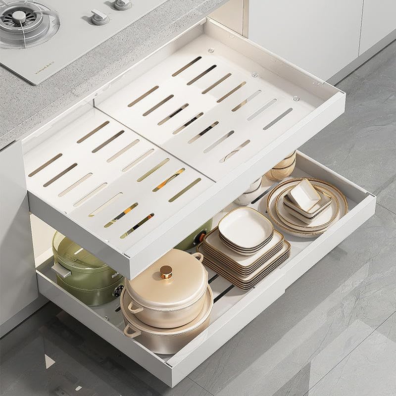 Photo 1 of Expandable Pull Out Cabinet Organizer, No Screw Adjustable Cabinet Drawer, Peel and Stick Pull Out Drawer, Shelve for Kitchen Cabinets - 16.9 inch - White-1PC