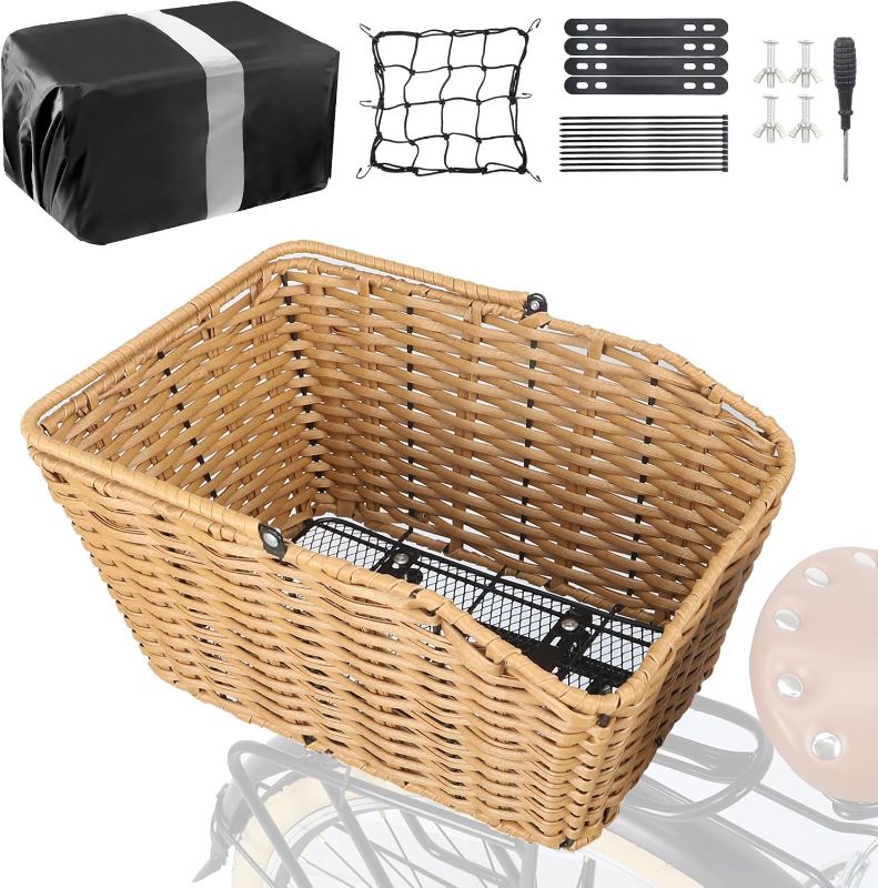 Photo 1 of MEGHNA Bike Basket Woven Portable Rear Bicycle Basket with Protection Net Detachable Bike Rack Basket Bike Storage for Rear Rack of Most Kinds of Bike