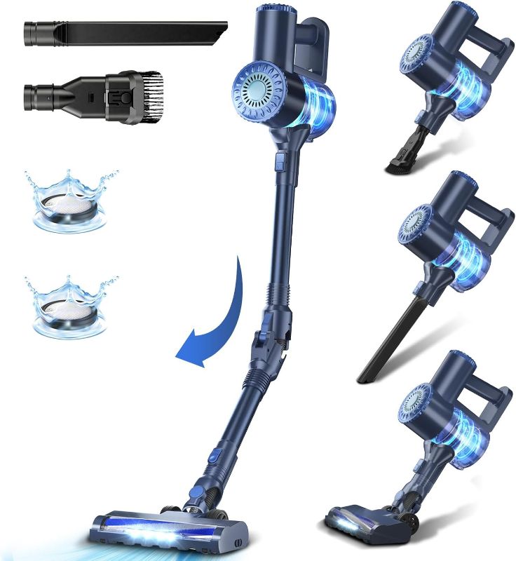 Photo 1 of Cordless Vacuum Cleaner, Lightweight Stick Vacuum Cleaner, 6 in 1, Self-Standing with Powerful Suction, 180° Bendable Wand Rechargeable Cordless Vacuum for Hardwood Floor (Blue)
