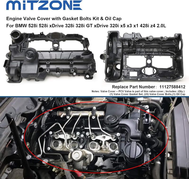 Photo 1 of MITZONE N20 Engine Valve Cover with Gasket Bolts Kit, Oil Cap for BMW 2012-2018 528i 528i xDrive 328i 328i GT xDrive 320i x5 x3 X1 428i z4 2.0L Replace 11127588412
