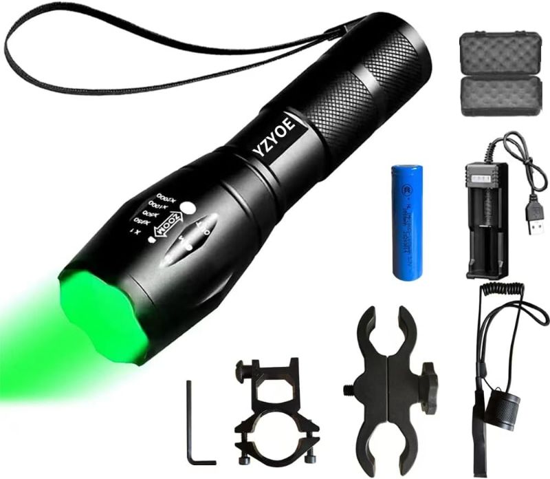 Photo 1 of Rechargeable Green Light Tactical Flashlight 500 Yard Green Light Zoomable Flashlight Observation Lights with Pressure Switch Universal Picatinny Rail Mount kit.

