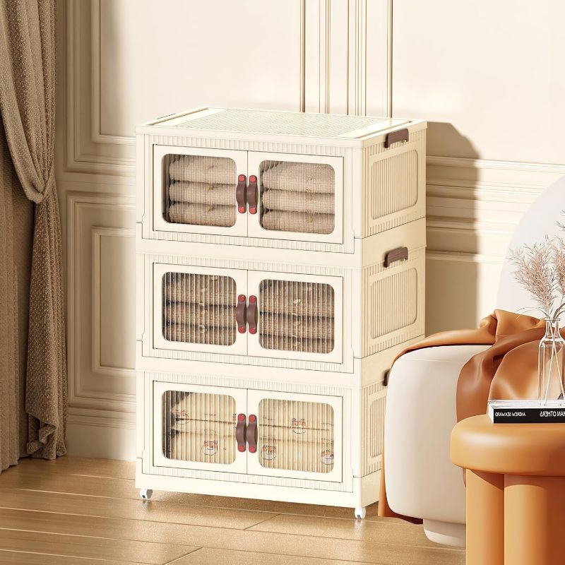 Photo 1 of Stackable Storage Bins, Folding Storage Bins with Lids and Doors, Open Front Folding Storage Box with Wheels Plastic Storage Containers (3 Tier, 55 Qt)
