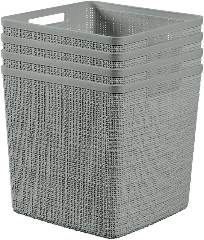 Photo 1 of Curver Set of 4 Jute Large Cube Decorative Plastic Organization and Storage Baskets, Perfect Bins for Home Office, Closet Shelves, Kitchen Pantry and All Bedroom Essentials, Grey
