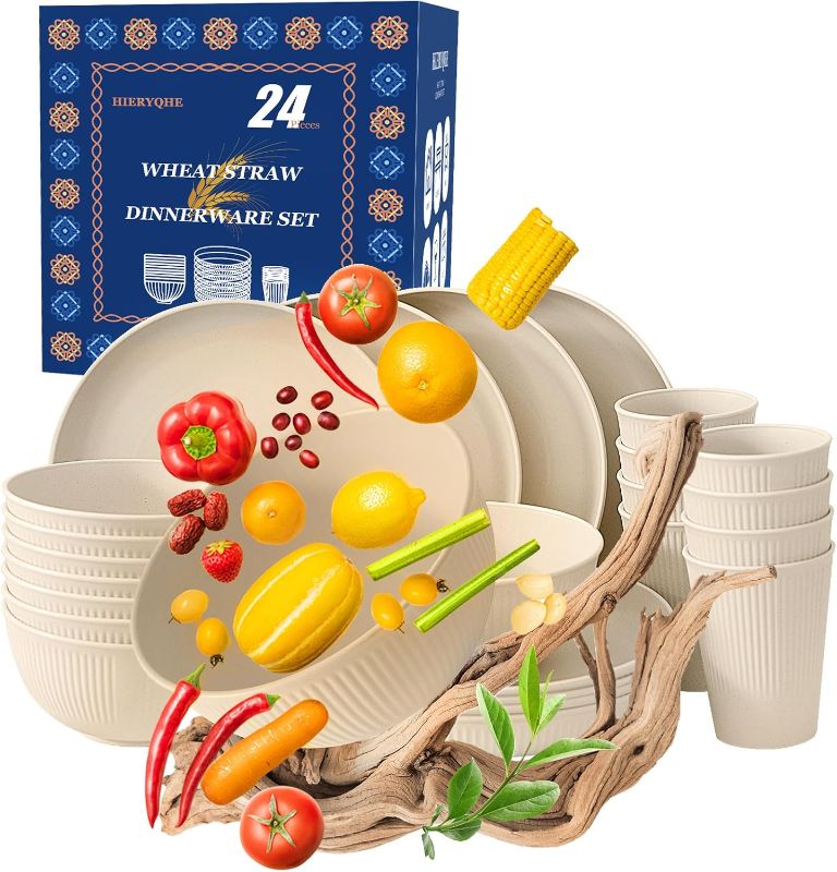 Photo 1 of 24pcs Wheat Straw Dinnerware Sets, Unbreakable Reusable Dinnerware Set for Outdoor/Kitchen, Outdoor Camping Cups Plates and Bowls Sets, Dishwasher Safe
