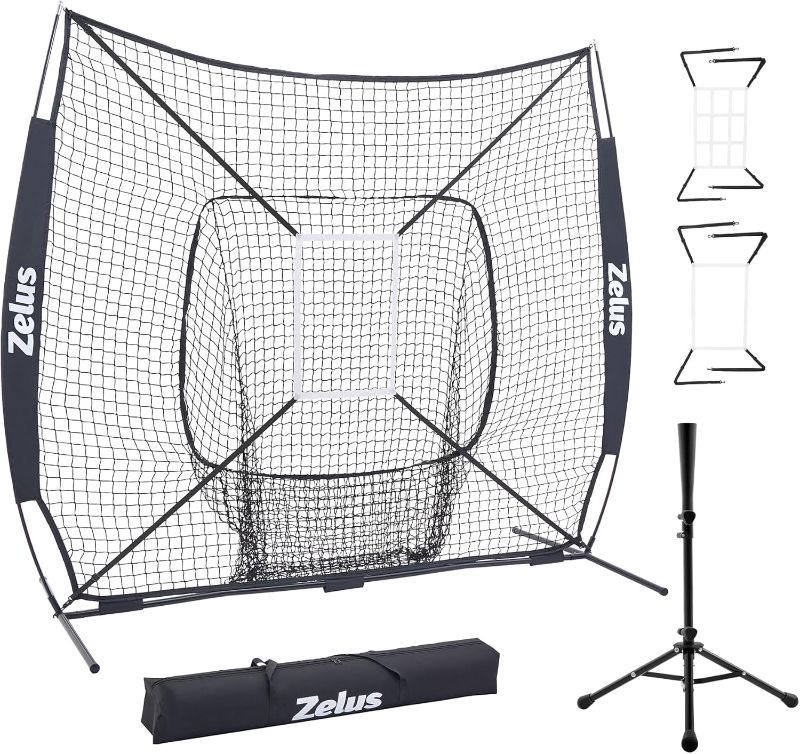 Photo 1 of ZELUS 7x7 ft Baseball Softball Practice Net, Hitting and Pitching Net with Adjustable Batting Tee 2 Strike Zone, Portable Baseball Backstop Net with Carry Bag, Great for All Skill Levels
