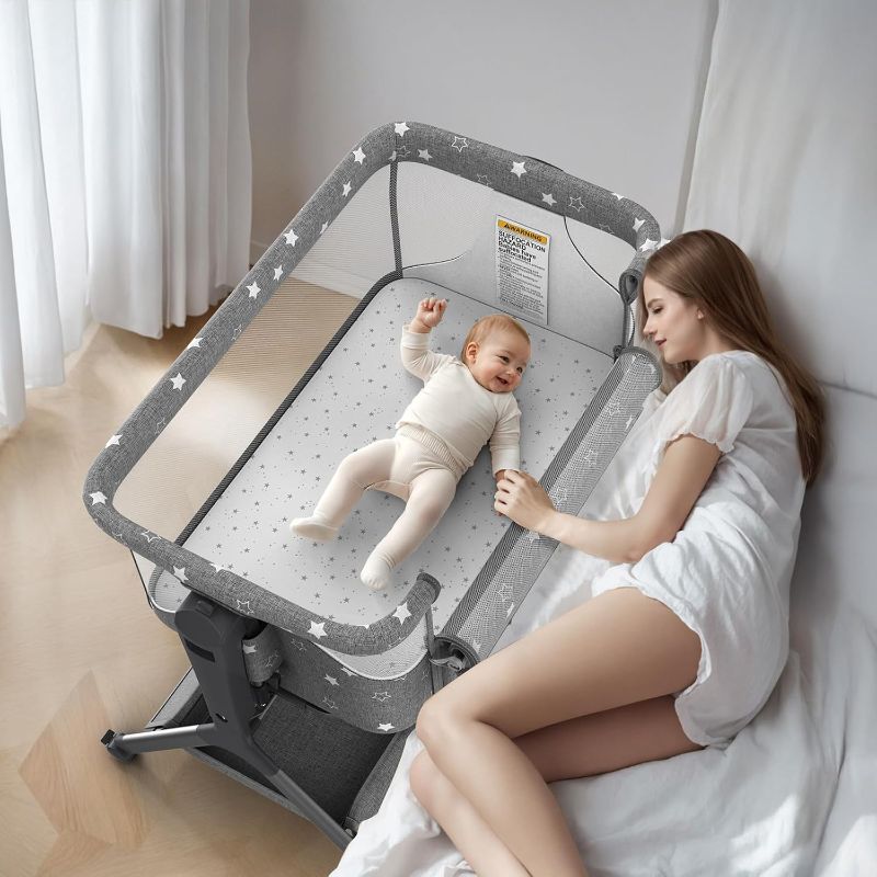 Photo 1 of 3 in 1 Baby Bassinet, Rocking Bassinet Bedside Sleeper with Comfy Mattress and Breathable Mesh, 6 Height Adjustable & Upgraded Wheels Portable Bedside Crib for Newborn (Dark Grey)
