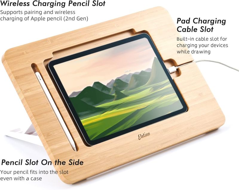 Photo 1 of ELETIUO Upgraded Bamboo Wooden Drawing Ipad Holder with Pencil&Charger Cable Slot, Multi-Angle Adjustable Tablet Desktop,Foldable Portable Stand,Compatible with 12.9 inch ipad pro 3rd/4th/ 5th Gen
