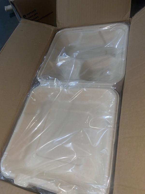 Photo 1 of Aricsen Compostable 100 Pack 8x8 Inch 3 Compartment Takeout Lunch Box Containers with Lid To Go Take Out Clamshell for Food, Disposable Eco-Friendly Biodegradable Bagasse, PFAS-Free, Unbleached Brown
