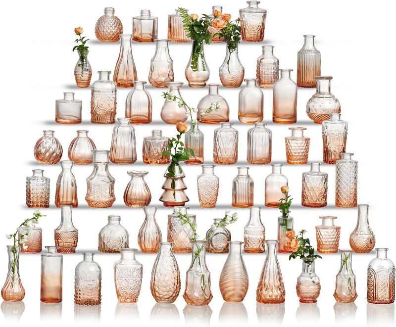 Photo 1 of Glass  Vase Set of 60 - Small Vases for Flowers in Bulk - Assorted Vintage Crystal Vases for Flowers, Table Centerpieces (Amber, 60 Pcs)