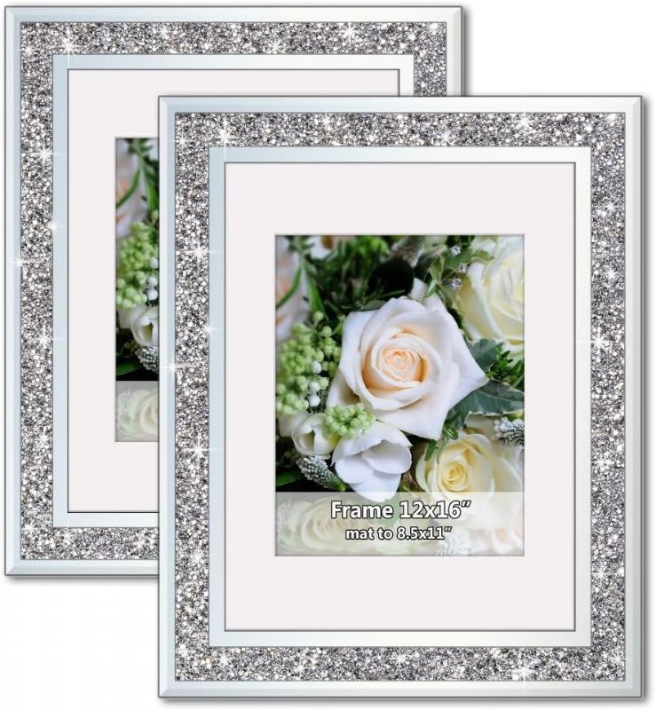 Photo 1 of Mirror Photo Frame 12x16inch Mat To 8.5x11” 2 Pack, Crushed Diamond Bling Boarder, Crystal Glass Front, Wedding Picture Poster Frame, Diploma Frames Wall Certificate Document Frame.
