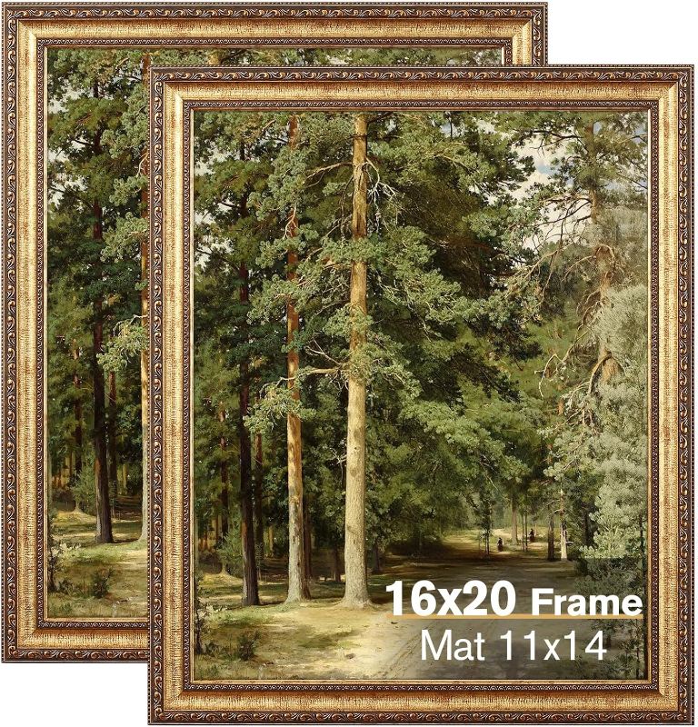 Photo 1 of 16x20 Gold Picture Frame, 2 Pack Ornate Vintage Picture Frames for Wall or Tabletop Display, 16x20 Photo Frame Gold with Plexialass, Display Poster 11x14 with Mat or 16x 20 without Mat for Antique Déco
