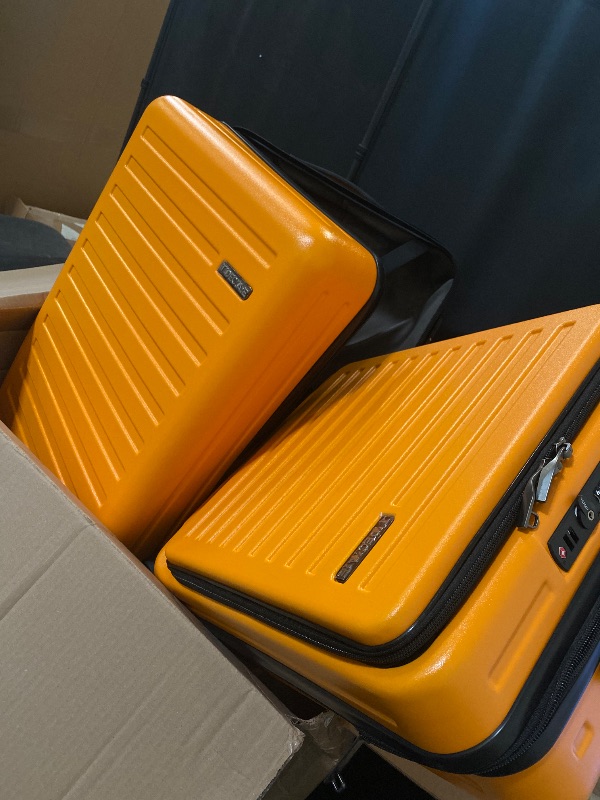 Photo 1 of TydeCkare 2pcs 20/28" Luggage Set Lightweight HardShell, Only 20 Inch Carry On 21.65 * 15.35 * 7.87" Cabin Suitcase with Front Pocket, 28 Inch 19.68 * 11.81 * 29.92" Checked Luggage, Orange
