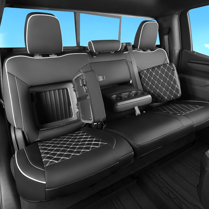 Photo 1 of for Chevy Silverado & GMC Sierra Seat Covers with Faux Leather for 2019 2020 2021 2022 2023 2024 2025 Chevy Silverado & GMC Sierra 1500&2020-2025 2500HD 3500HD(Black with White,Full Set (SG-A)
