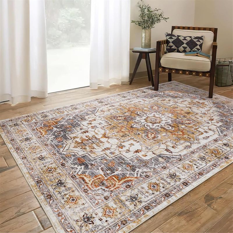Photo 1 of 6x9 Area Rugs for Living Room,Super Soft Ultra-Thin Stain Resistant Machine Washable Rugs for Bedroom,Non-Slip Backing Large Area Rug (Turmeric/Grey, 6'x9')
