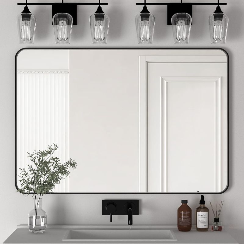 Photo 1 of Manocorro Wall Mirror Bathroom Mirror, 30 x 40 Inch Black Rectangular Mirror with Aluminum Alloy Frame, Rounded Corner Hanging Mirror Decor for Entryway, Bedroom, Living Room
