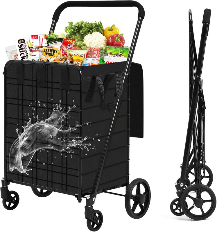 Photo 1 of Shopping Cart for Groceries, 396 LBS Super Capacity Folding Utility Cart with Waterproof Liner, 360° Rolling Swivel Wheels Collapsible Cart, Heavy Duty Trolley for Laundry, Groceries (Jumbo+Bag)
