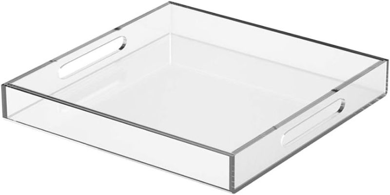 Photo 1 of NIUBEE Acrylic Serving Tray 15x15 Inches -Spill Proof- Clear Decorative Tray Organiser for Ottoman Coffee Table Countertop with Handles
