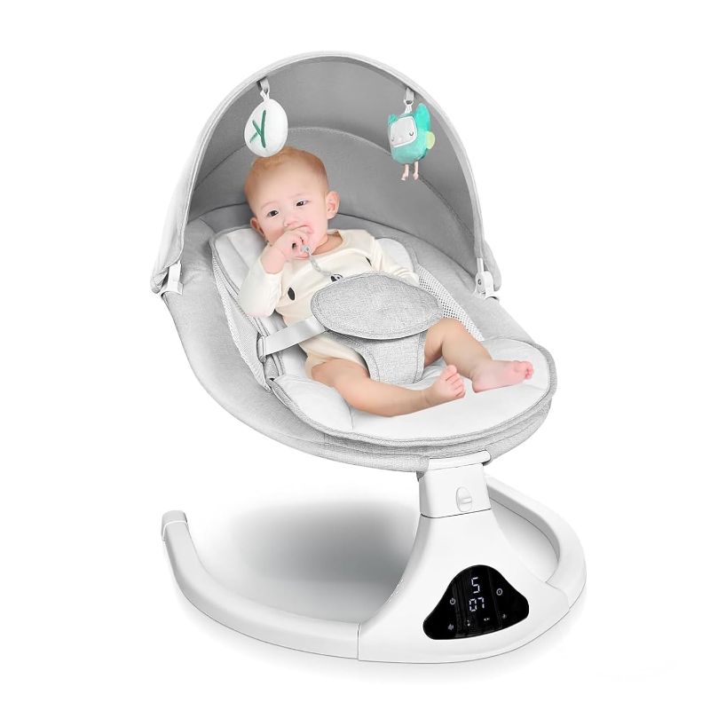 Photo 1 of Electric Baby Swing for Infants to Toddler| Portable Infant Swing with Remote Control, Rocker with 5 Speeds, 3-Point Harness for Baby Boy Girl (Light Grey)
