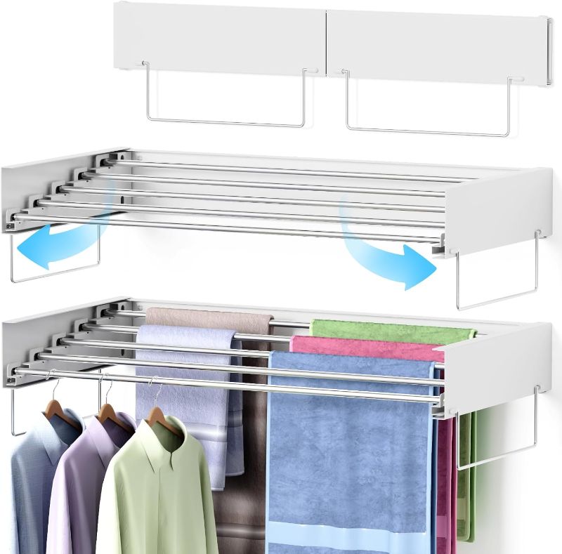 Photo 1 of Wall Mounted Drying Rack, Laundry Clothes Drying Rack Foldable, Collapsible Hanger Clothing Wall Mount with 2 Towel Handles and Wall Template for Indoor Outdoor Hanging Clothes, 5 Rods, 31.5 Inch

