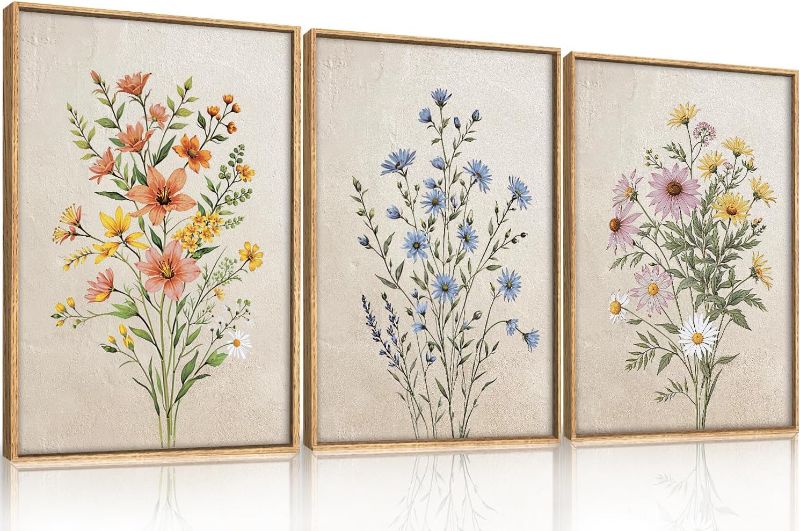 Photo 1 of HPINUB Colorful Wildflower Canvas Framed Wall Art Set,Minimalist Botanical Floral Wall Decor,Vintage Flower Artwork,Modern Watercolor Boho Bouquet Art Print for Living Room,Bedroom,Farmhouse-16"x24"x3
