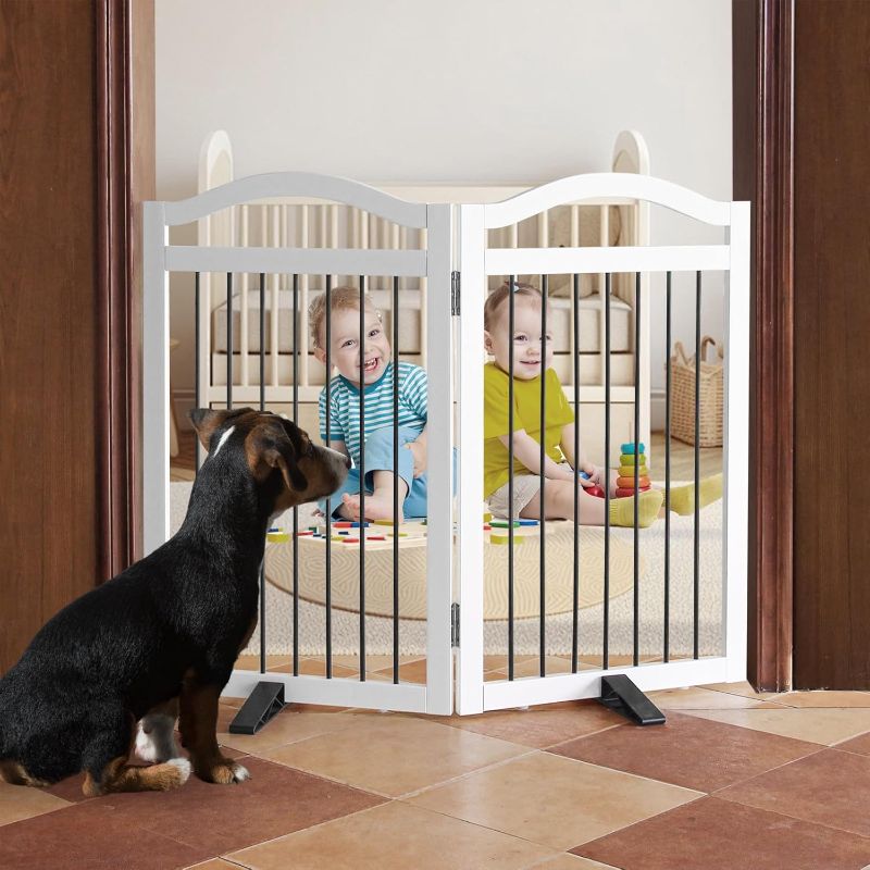 Photo 1 of ZJSF Freestanding Foldable Dog Gate Indoor, Pet Gate for Doorways, Dog Fence for The House, Sturdy Wood Puppy Gate for Stairs, White Pet Gate with Support Feet for Hallways, 32 "Height-2 Panels

