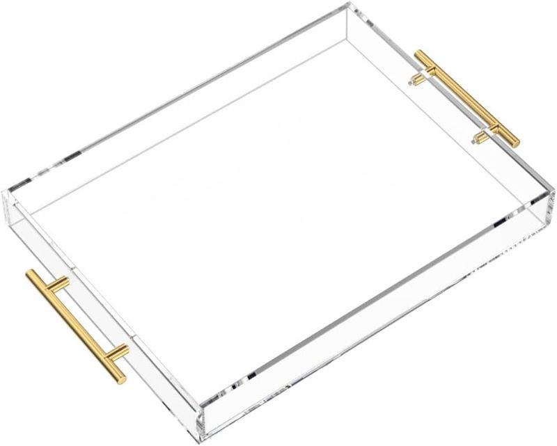 Photo 1 of NIUBEE Clear Serving Tray 18X18 Inches -Spill Proof- Acrylic Decorative Tray Organiser for Ottoman Coffee Table Countertop with Round Handles
