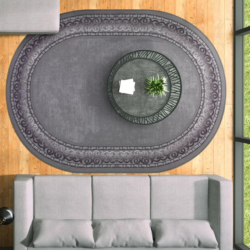 Photo 1 of Antep Rugs Alfombras Bordered Modern 5x7 Non-Slip (Non-Skid) Low Pile Rubber Backing Indoor Area Rug (Gray, 5' x 7' Oval)
