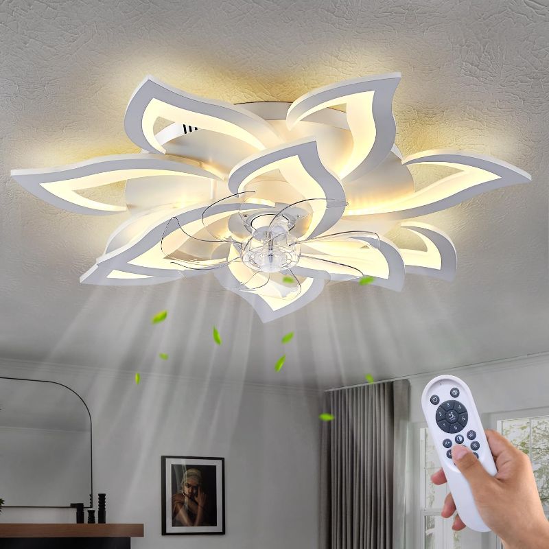 Photo 1 of 32" White Ceiling Fan with Light Remote Control, Modern Geometric Ceiling Fan with Lights, 6 Speeds 3 Light Color Low Profile Ceiling Fan for Kitchen Bedroom
