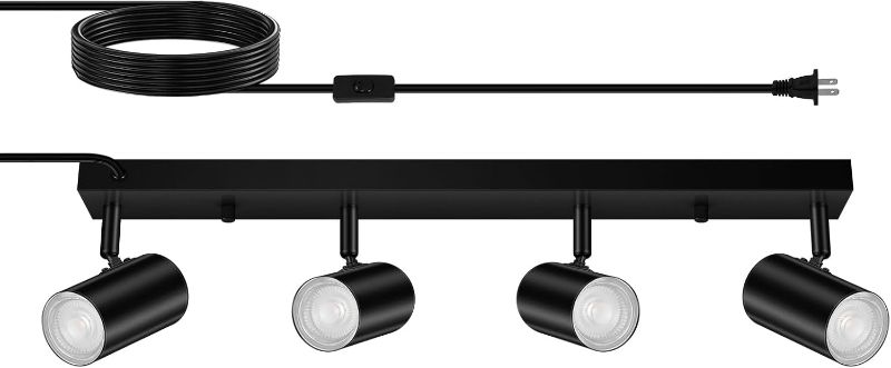 Photo 1 of 4 Light Track Lighting Kit,Black 4 Way LED Plug in Ceiling Spotlight,Industrial GU10 Wall Light for Kitchen Cabinet Gallery Bar Hallway Living Room,Rocker Switch,15 Foot Cord(No Bulb)
