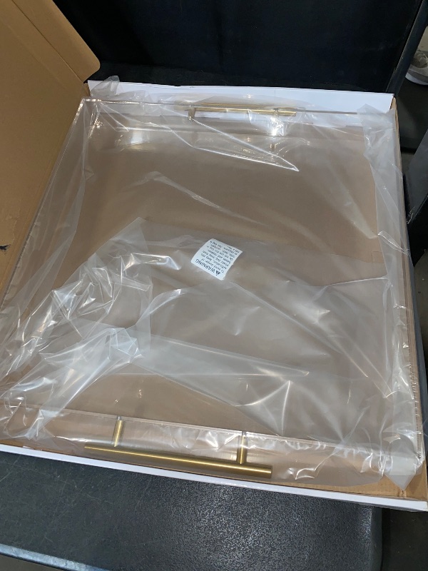 Photo 1 of Extra Large Clear Acrylic Serving Tray (18×18 Inches) with Gold Handles Spill Proof Acrylic Over Size Big Decorative Tray Organiser for Ottoman Coffee Table Countertop
