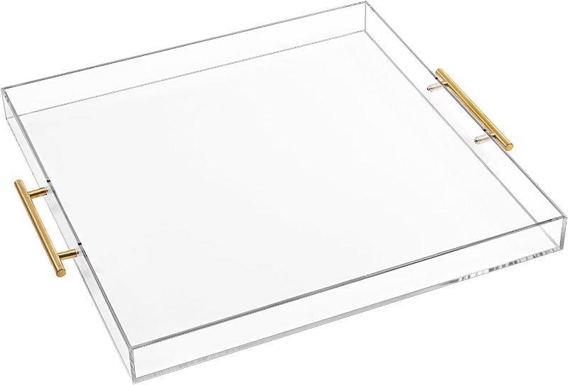 Photo 1 of Extra Large Clear Acrylic Serving Tray (18×18 Inches) with Gold Handles Spill Proof Acrylic Over Size Big Decorative Tray Organiser for Ottoman Coffee Table Countertop
