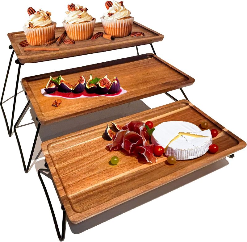 Photo 1 of TRAYO 3 Tier Cupcake Stand – 17 Inch Acacia Wood Serving Platter & Charcuterie Board Display Stand for Parties, Dessert Table, Pastries, Rustic Home Décor, Collapsible Tiered Tray Stand
