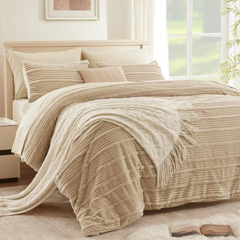 Photo 1 of 7 Pieces Fluffy King Comforter Set, Beige Fleece Striped Bedding Set, Soft & Warm Bed Set, All Season Bed in a Bag Set with 1 Comforter, 2 Pillow Shams, 2 Pillowcases, 1 Flat Sheet, 1 Fitted Sheet
